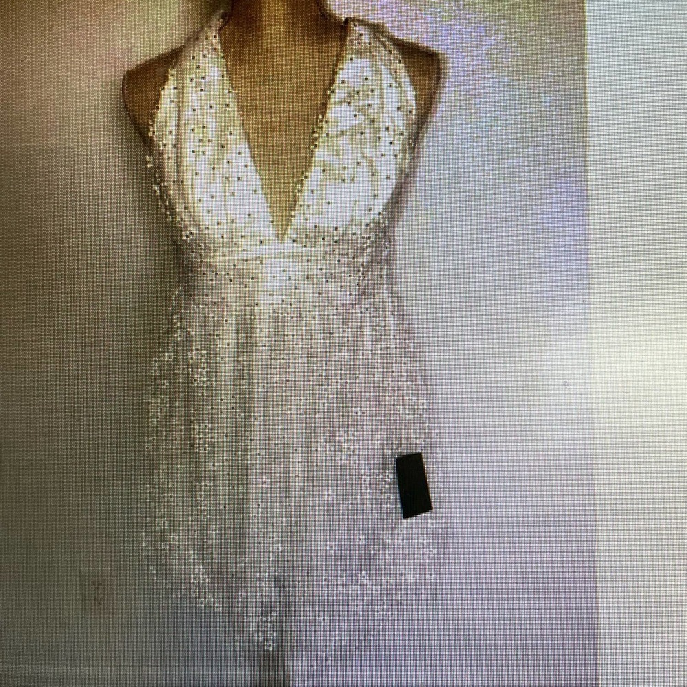 LULU'S Mini Dress, White,  delicate Tulle Daisy overlay, twist back, Size Medium
